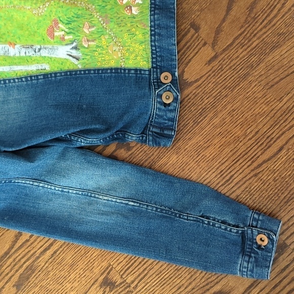 Hand painted Indie mushrooms fairy core nature scene unique cropped jean jacket - Picture 3 of 9